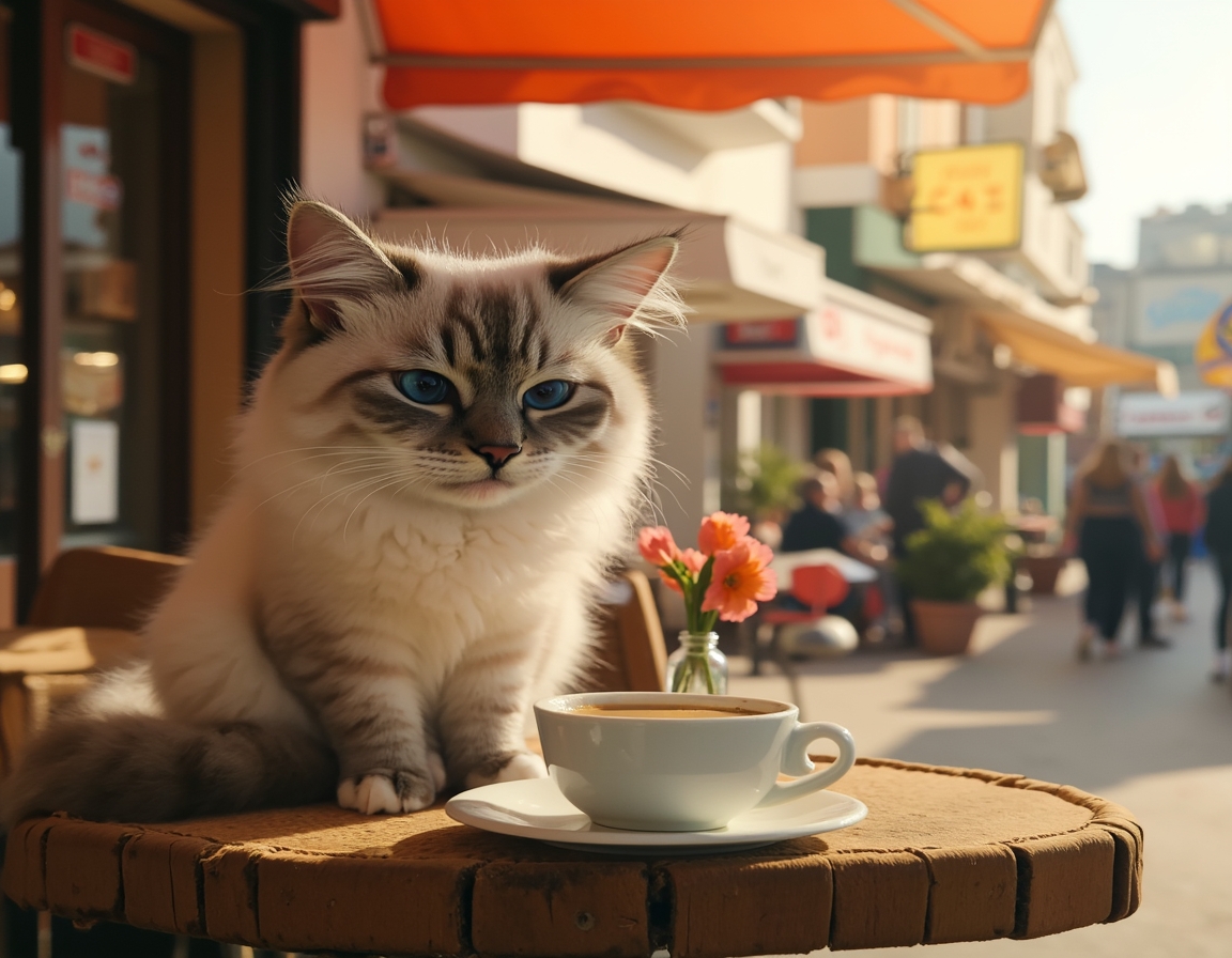 Cat sits contentedly at an outdoor cafe, enjoying the bustling streets and warm sunlight.